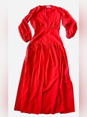 Vibrant Red V-Neck Maxi Dress with Balloon Sleeves